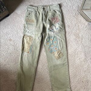 Anthropology Pilcro Embroidered Patchwork Olive Green Jeans